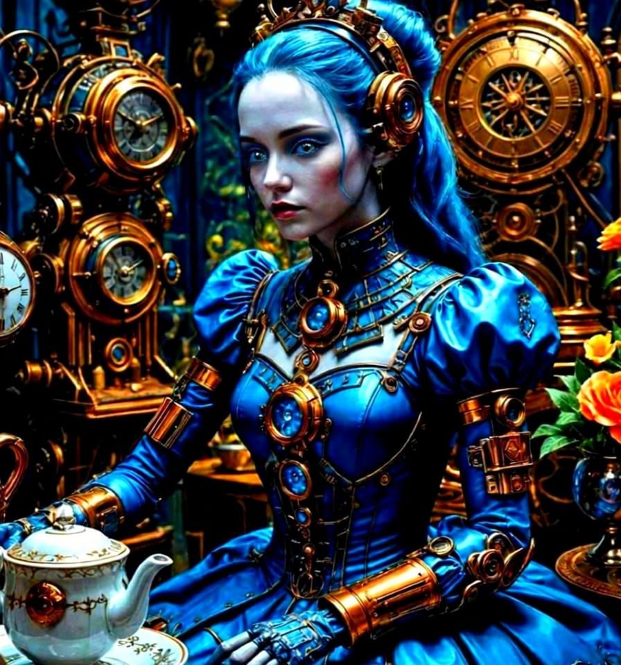 Futuristic Android Alice in Cyberpunk Steampunk Wonderland