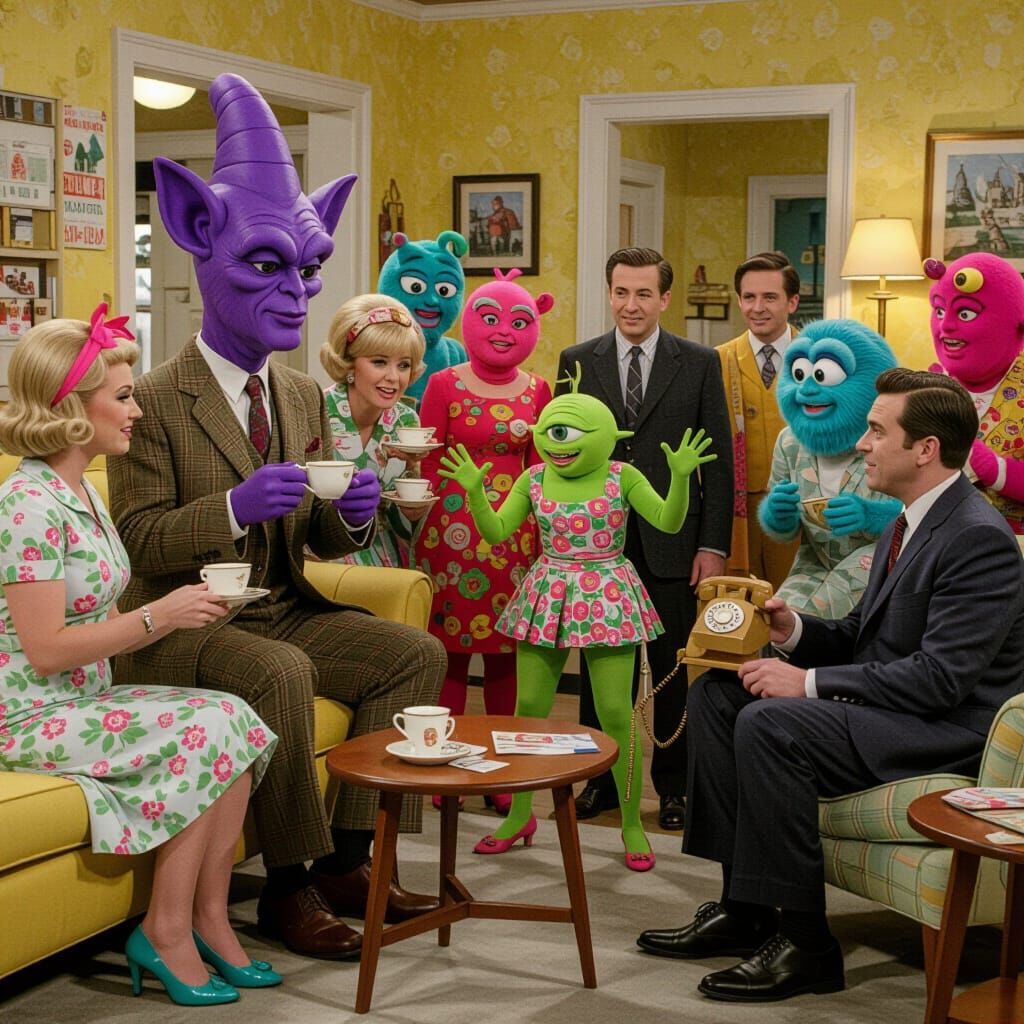 1960s British Sitcom Scene with Quirky Creatures