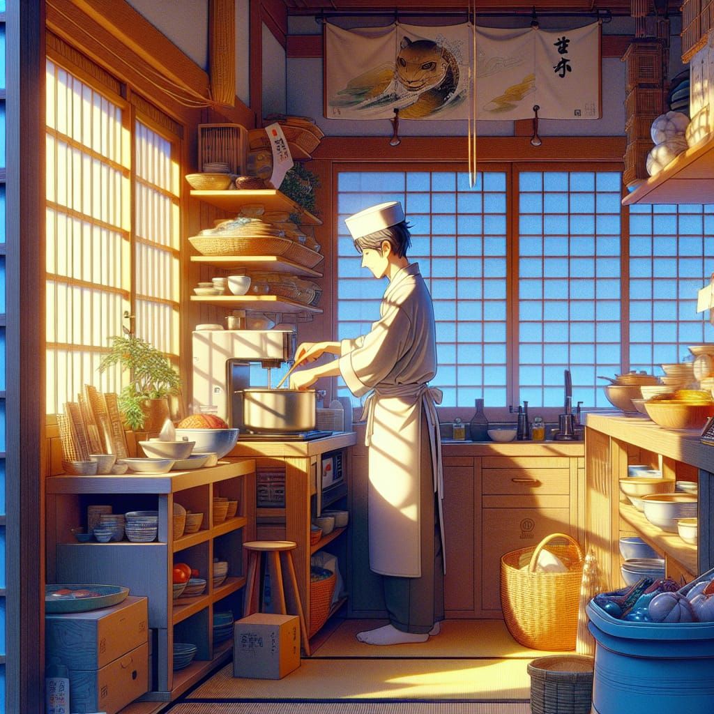 Anime-Style Japanese Chef in Traditional Kitchen