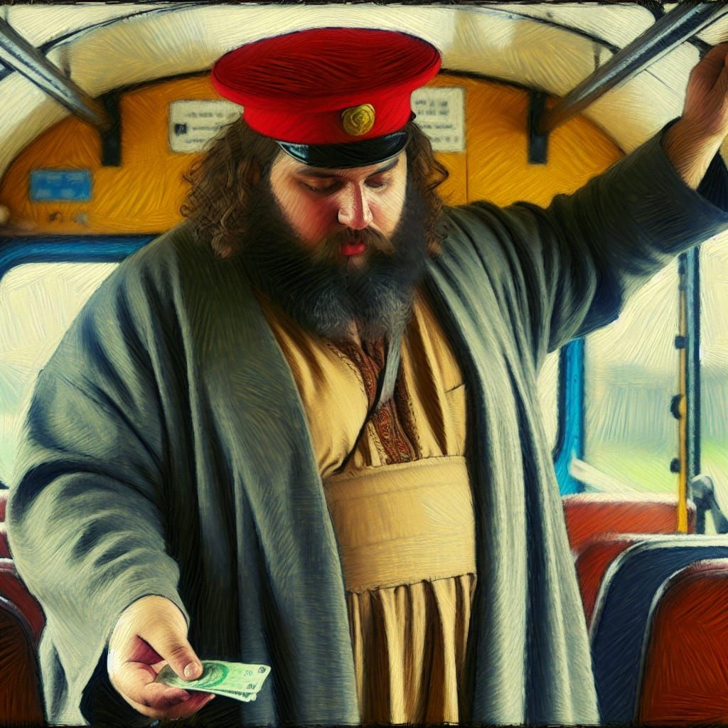 Impressionist Painting of Middle Eastern Merchant on Omnibus