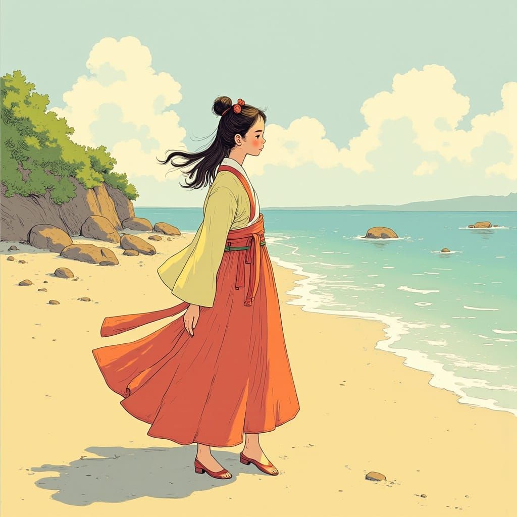Korean Woman in Hanbok on Beach in Impressionist Style