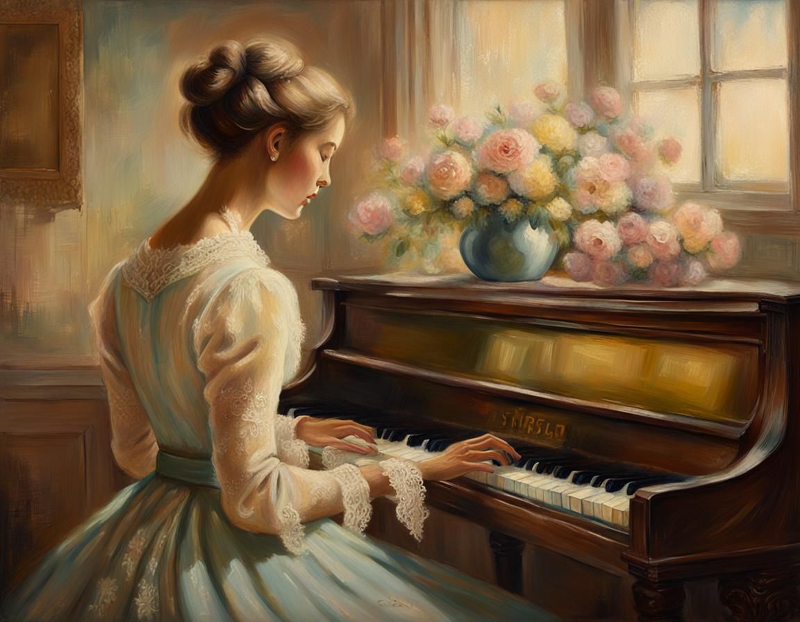 Victorian Woman at Piano: Sfumato Pastels Painting
