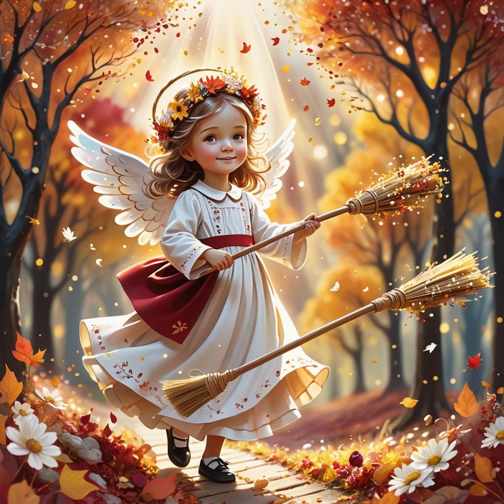 Celestial Angel Maid Sweeping Autumn Leaves