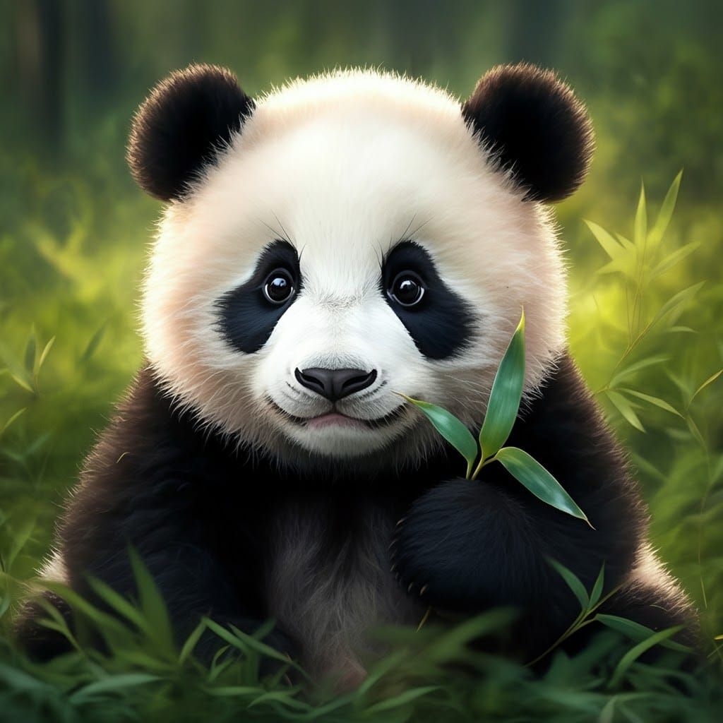 Chubby Baby Panda with Bamboo in Kawaii Style