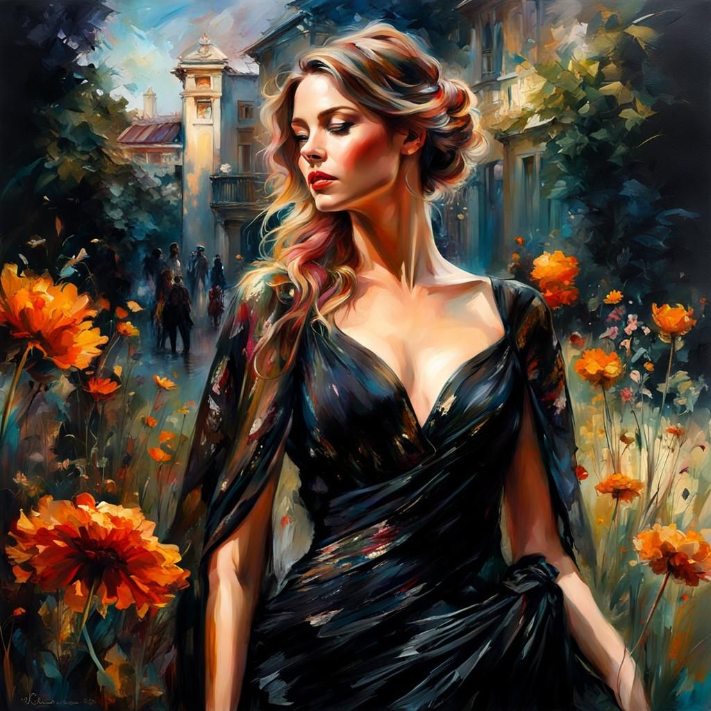 French Woman in Silk Dress, Detailed Matte Painting