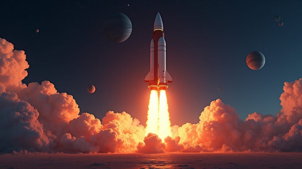 Retro Rocket Launch in Futuristic Matte Painting Style