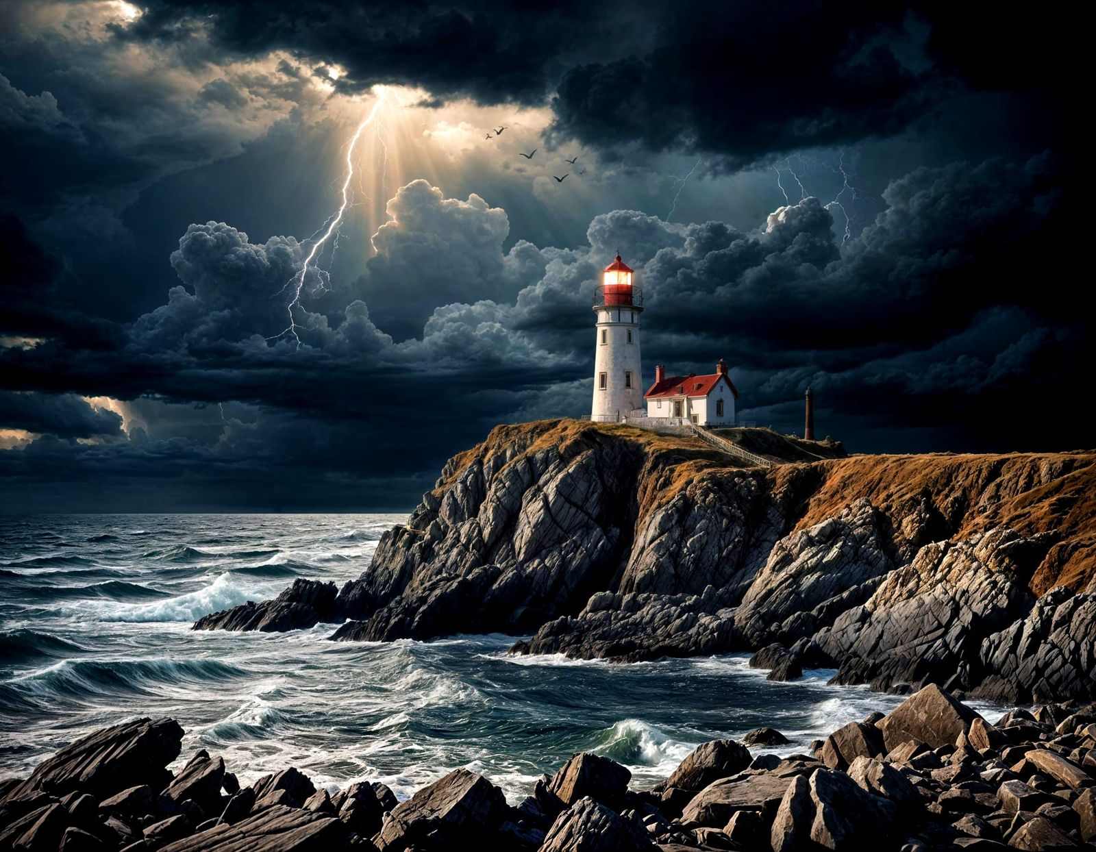 Dramatic Lighthouse on Rocky Coast Photobash Collage