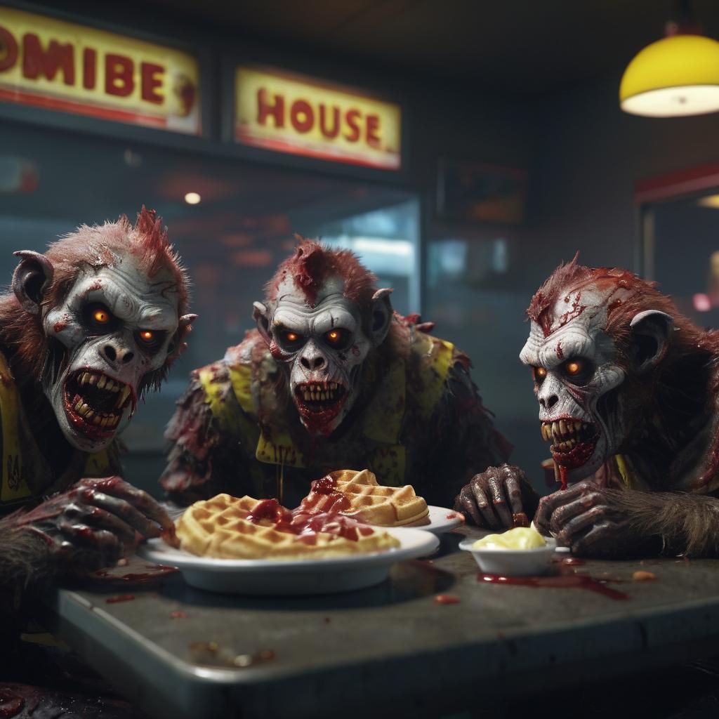 Zombie Monkey Clowns at Waffle House: Digital Art