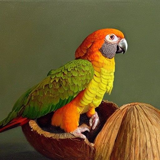 Conure Parrot in Coconut Shell: Oil Painting