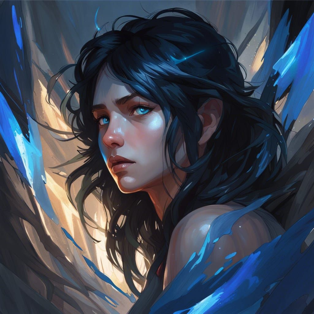 Crying Person with Glowing Eyes in Dark World