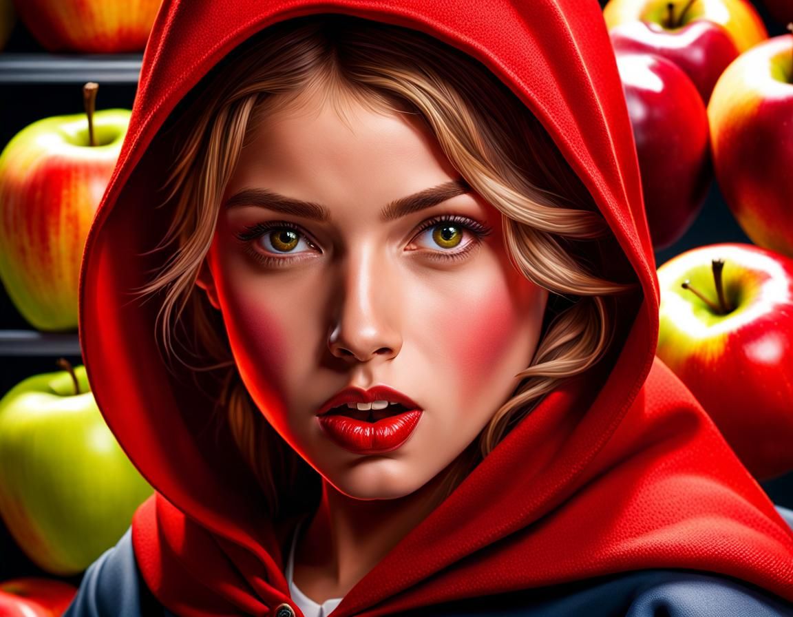 Hyperrealistic Little Red Riding Hood Stealing Apples
