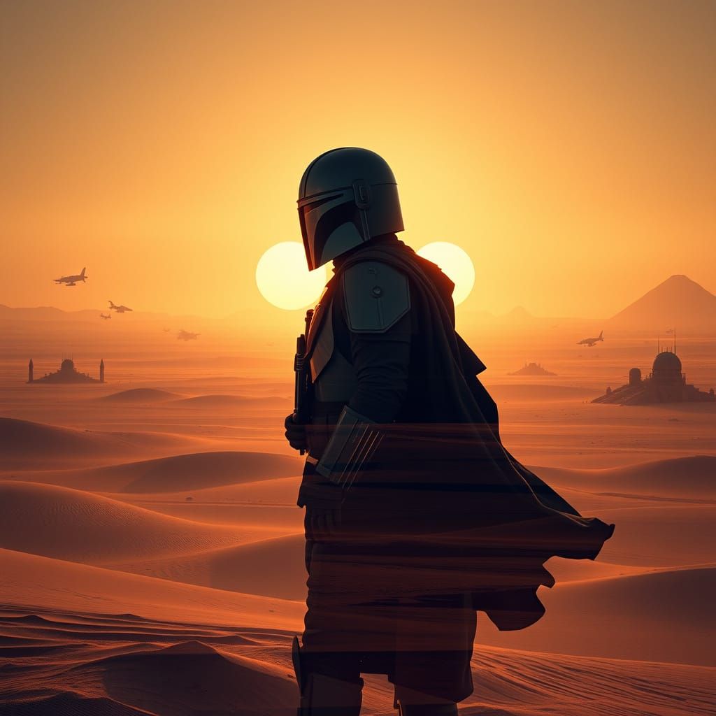 Mandalorian Silhouette with Grogu on Tatooine Double Exposur...