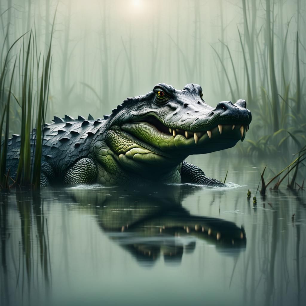 Alligator in Dense Foggy Swamp