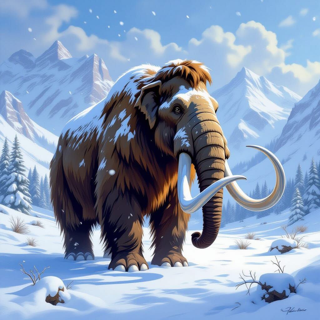 Woolly Mammoth in Snow-Covered Valley: Paleoart Style