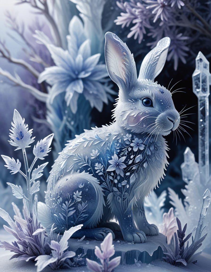 Ethereal Ice Flowers and Rabbit Silhouette in Watercolor Sty...