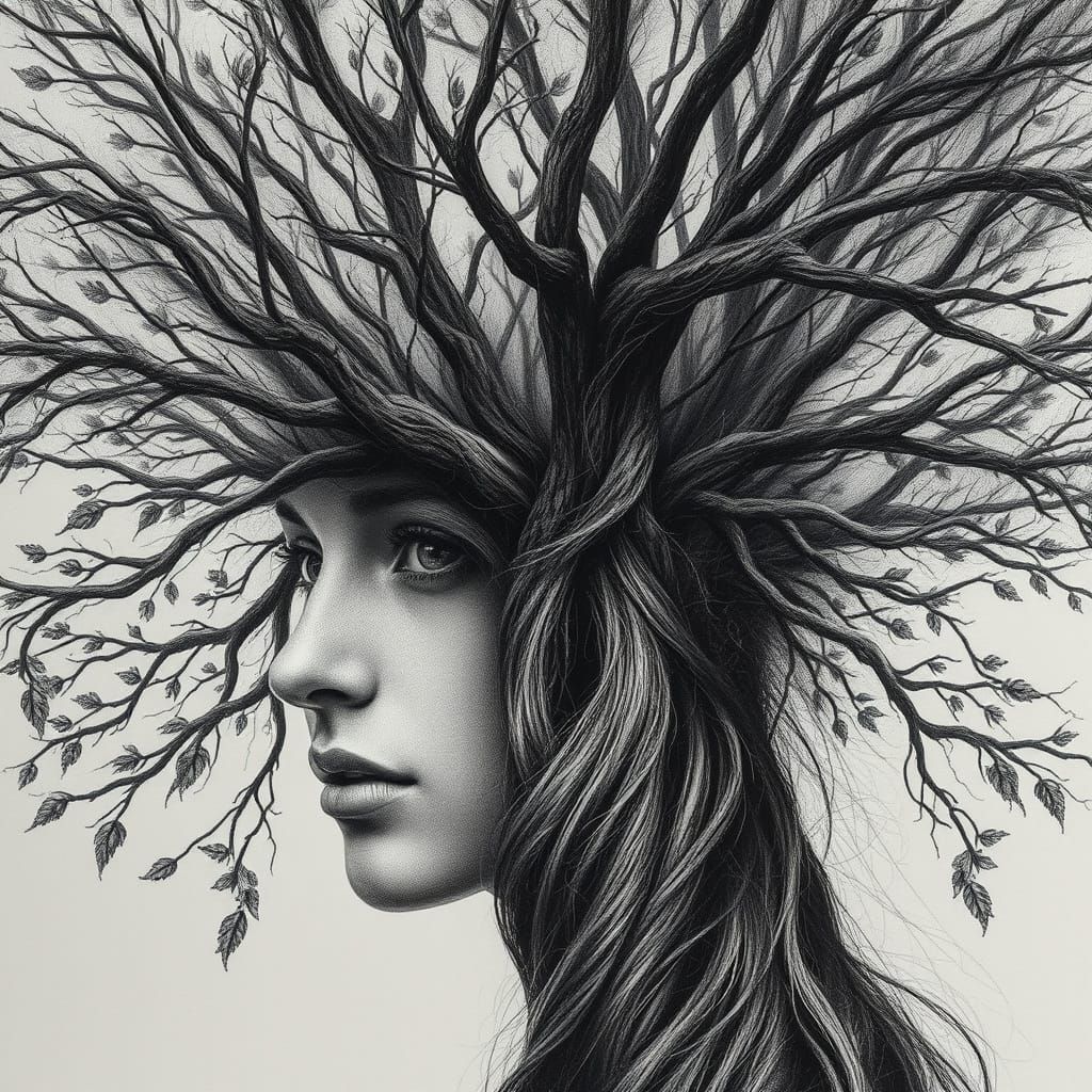 Tree Becomes Woman: Hyperdetailed Charcoal Portrait