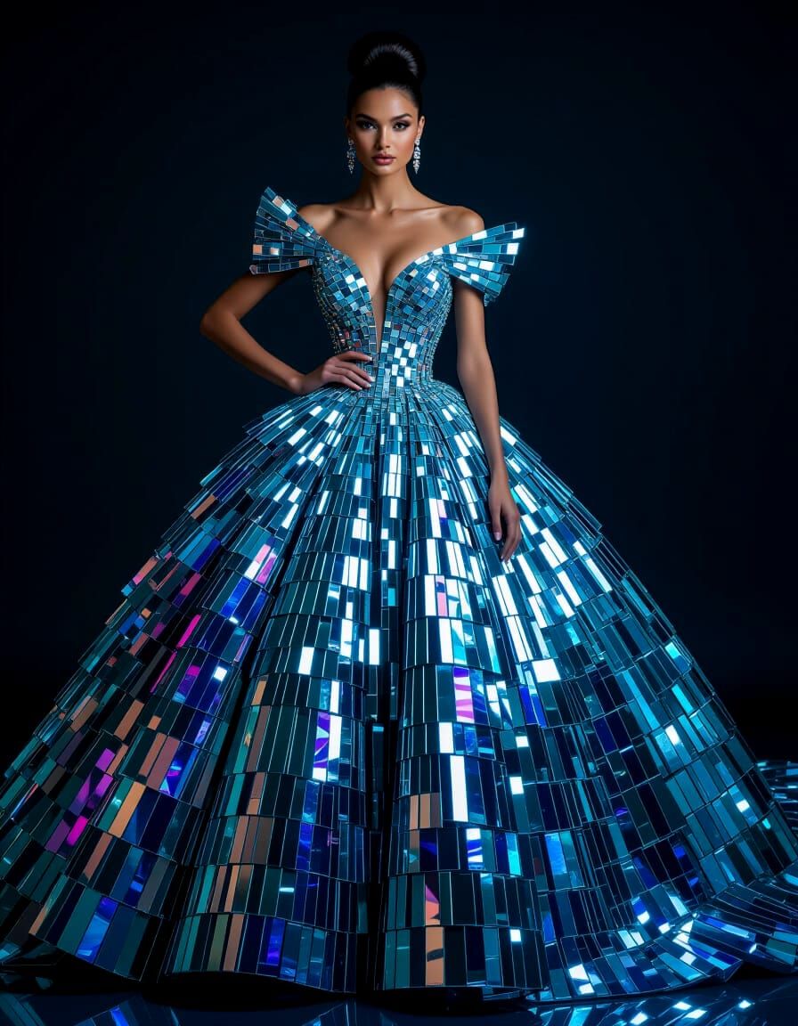 Elegant Glass Ball Gown on Model in Studio