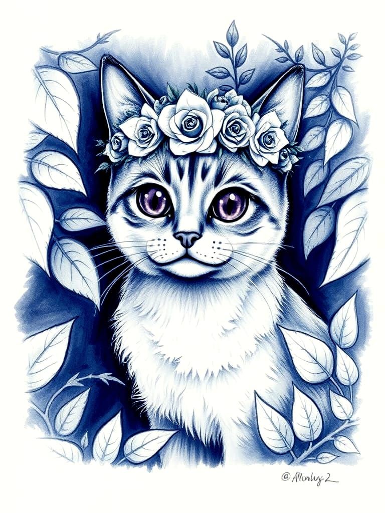 Whimsical Charcoal Cat with Floral Crown