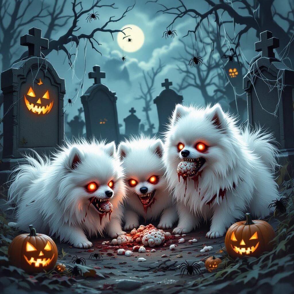 Three White Pomeranian Zombies Eating Brains in Haunted Ceme...