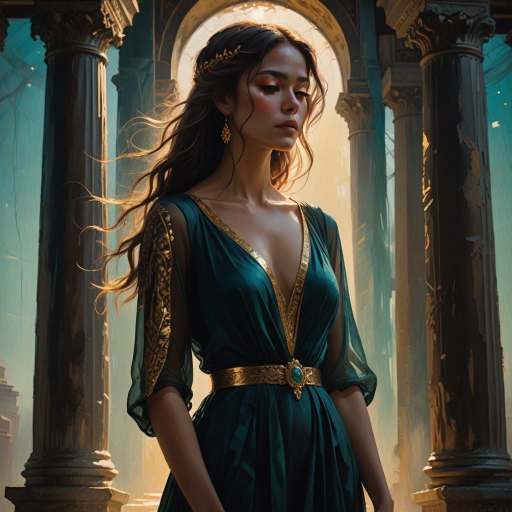 Graceful Woman in Glowing Chamber with Teal and Amber Hues
