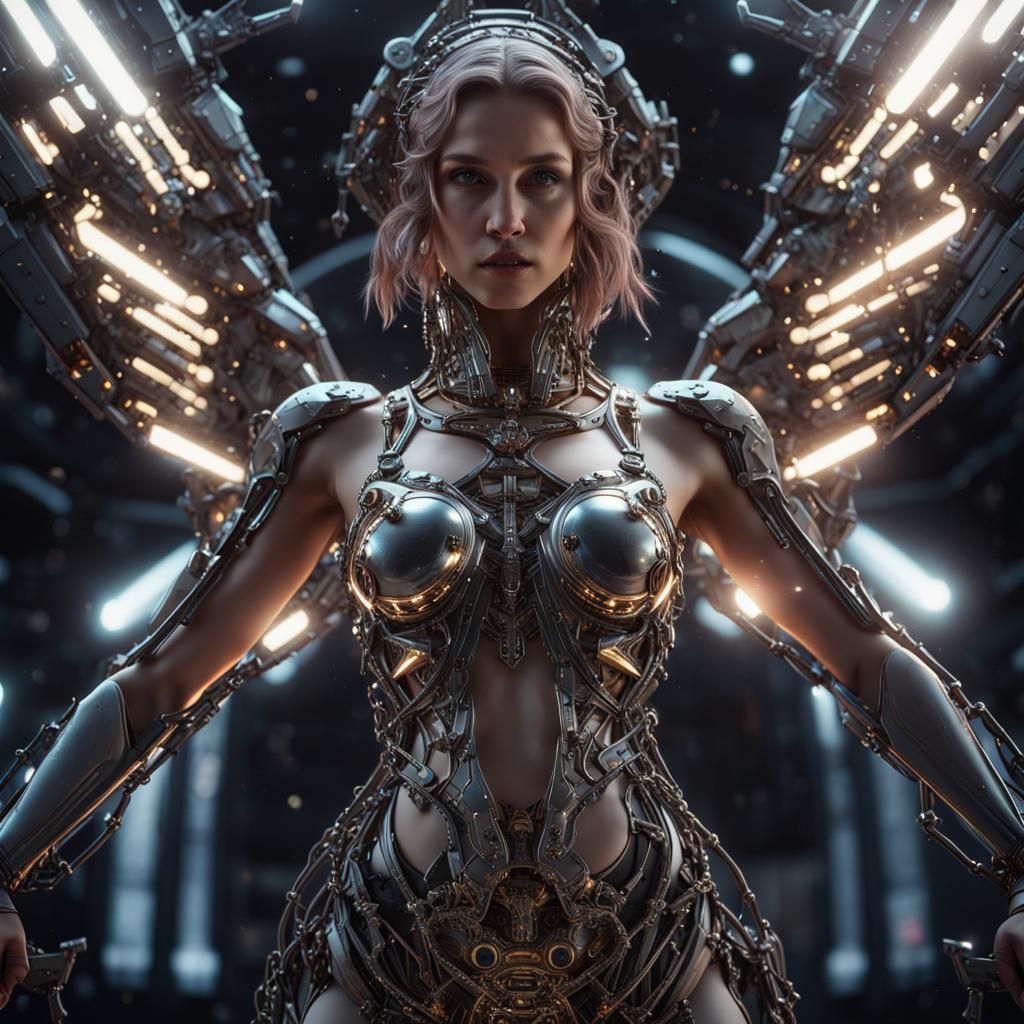 Futuristic Angel Chained in Sci-Fi War Scene