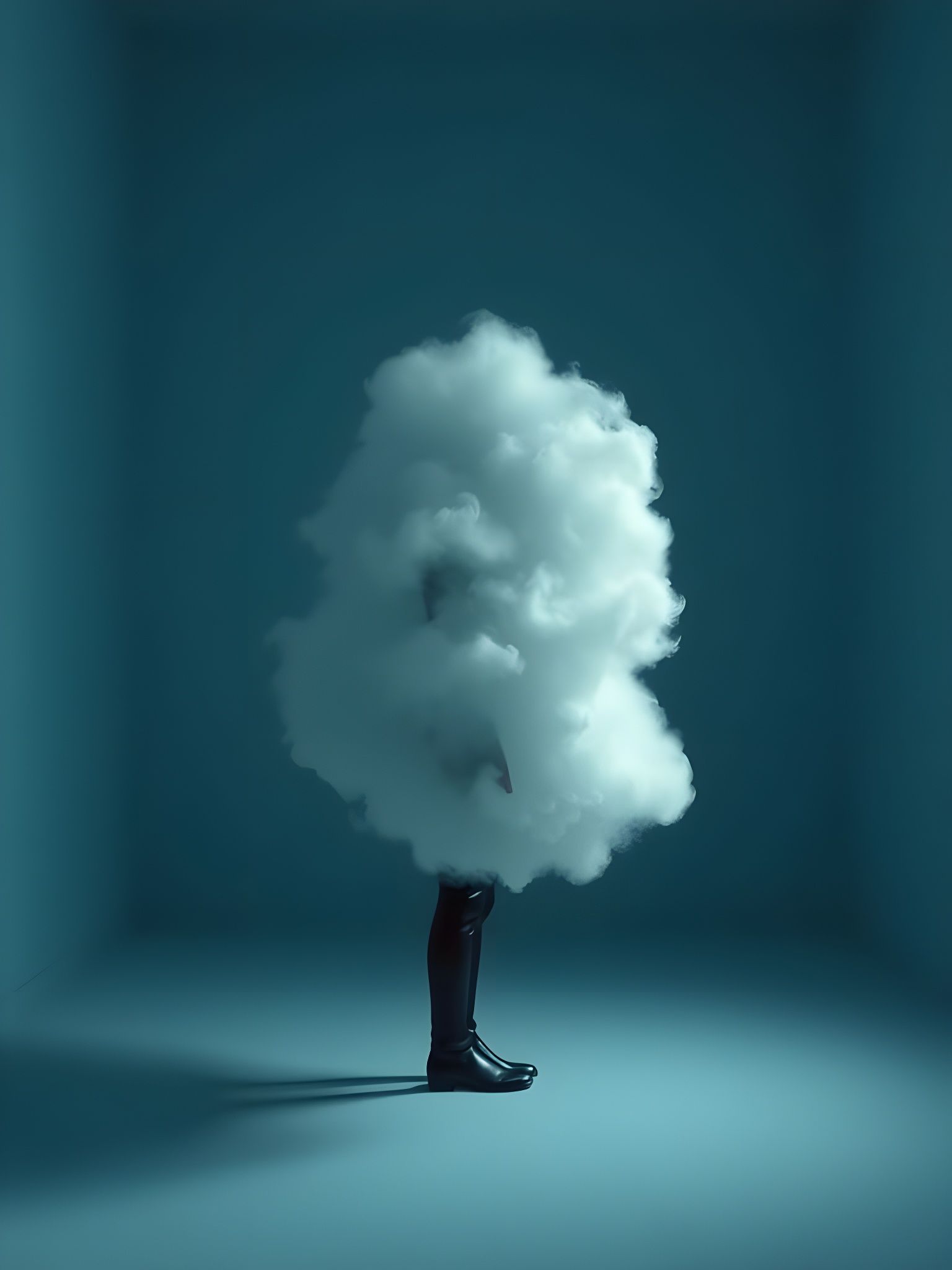 Surreal Human Silhouette Covered in Clouds in Blue Room