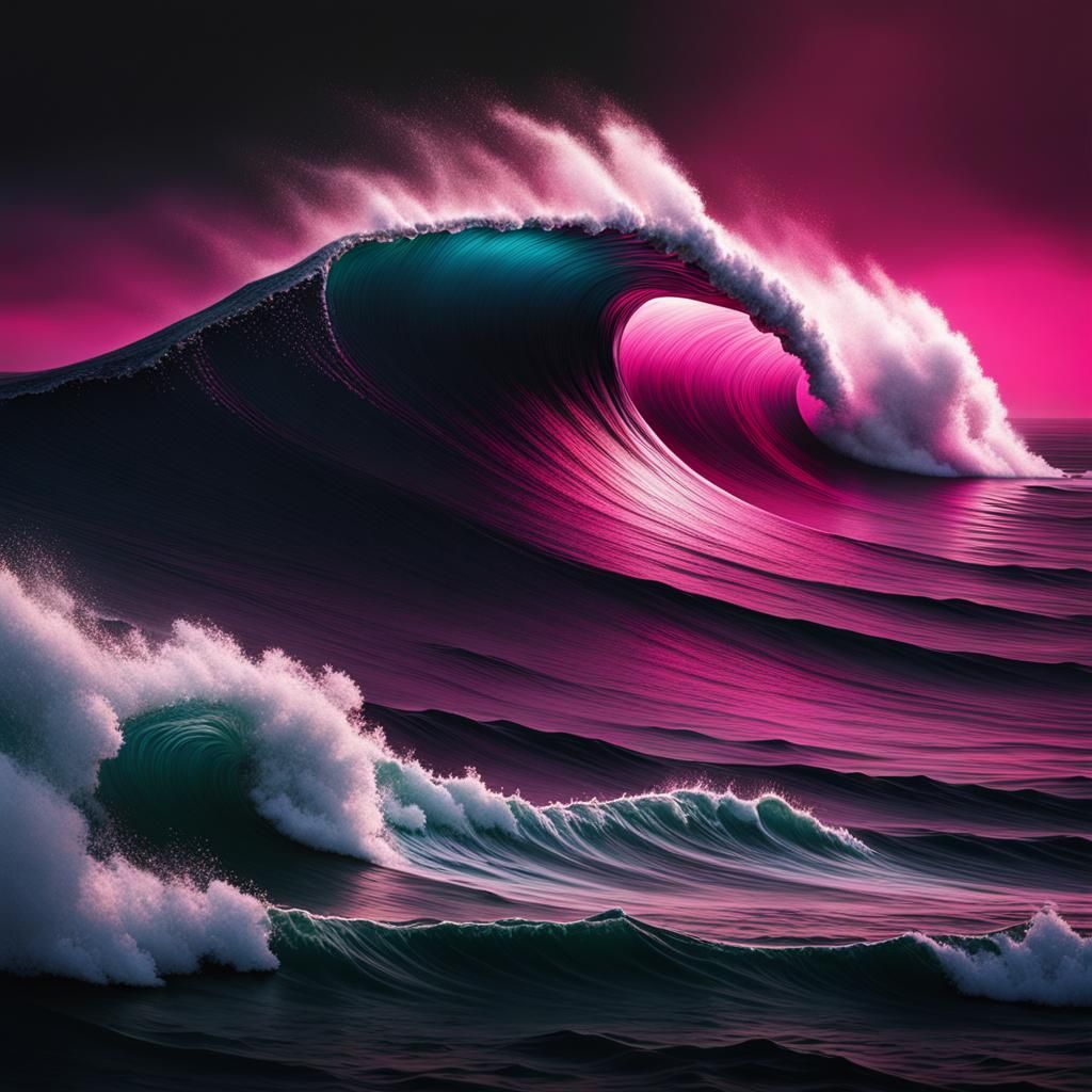Magenta Wave in Pitch Black Ocean: Hyperrealistic Splash Art
