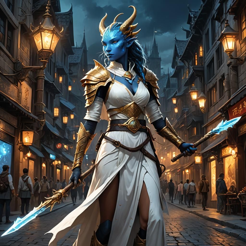 Blue-Skinned Woman with Crystal Staff: Fantasy Art