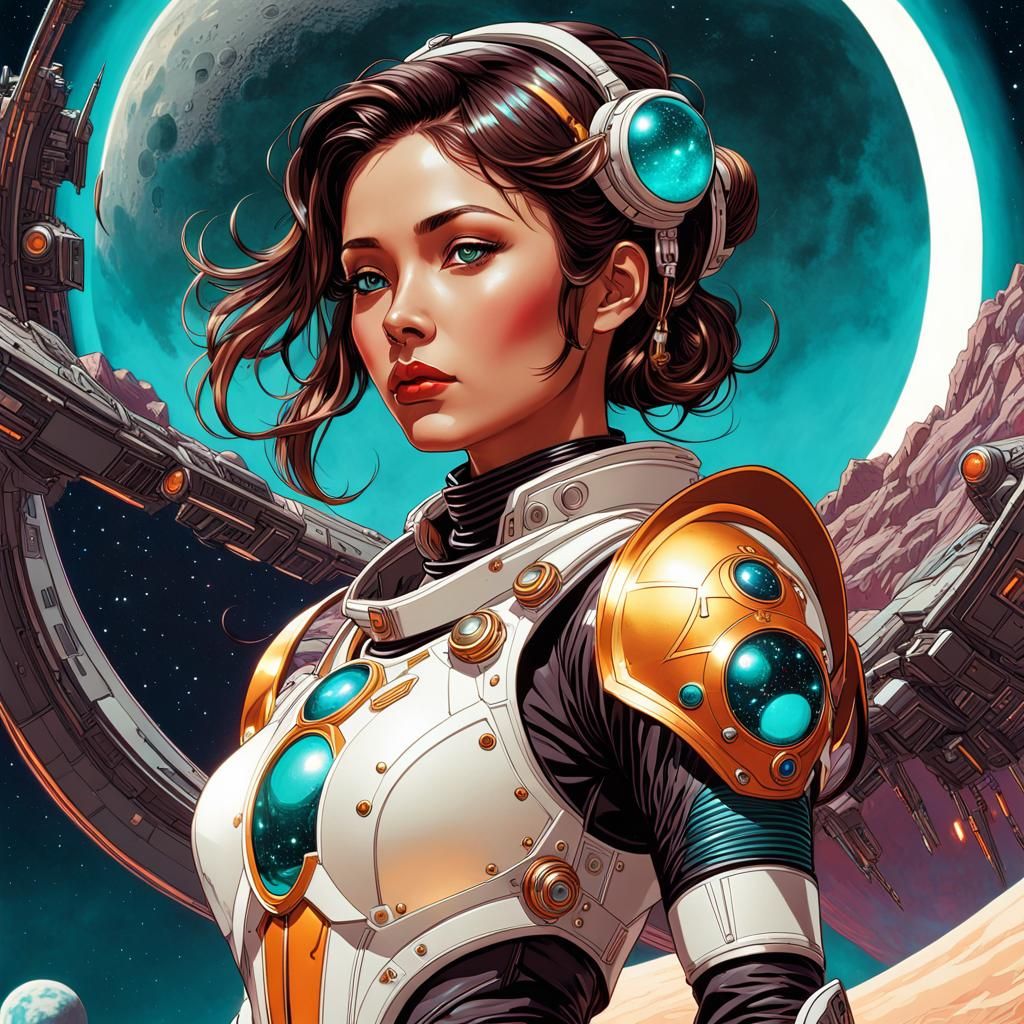 Native Spacegirl on the Moon in Art Nouveau Style