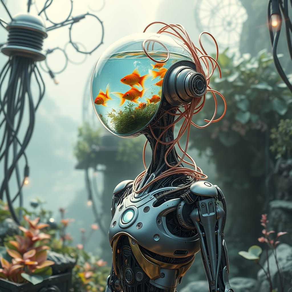 Futuristic Robot With Aquatic Head in Neo-Futurist Garden