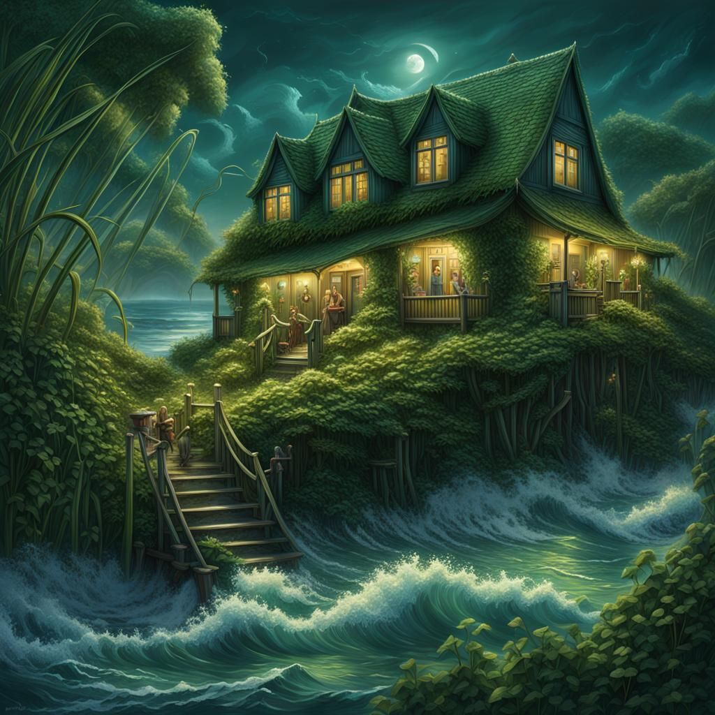 Lush Coastal Cottage Underneath Swirling Waves