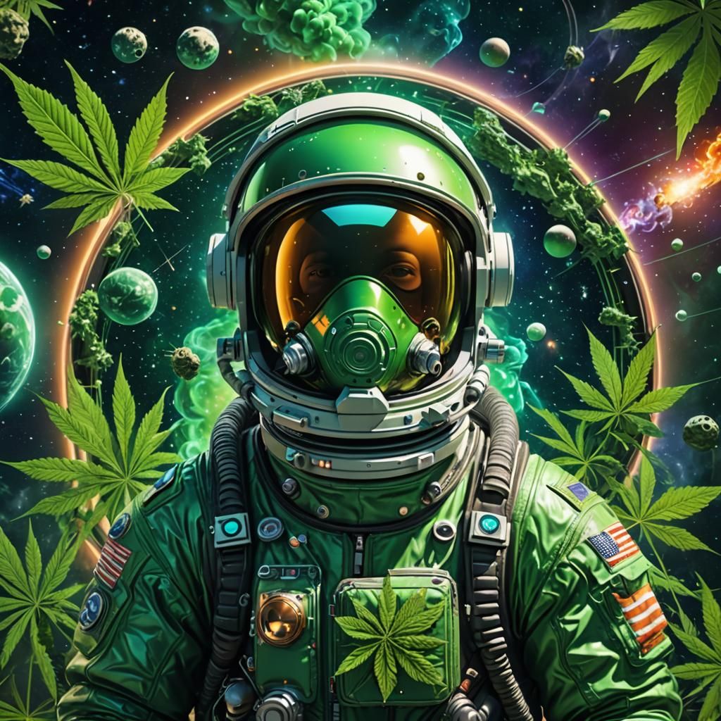 Cannabis Astronaut Lost in Retro-Futuristic Dreamscape