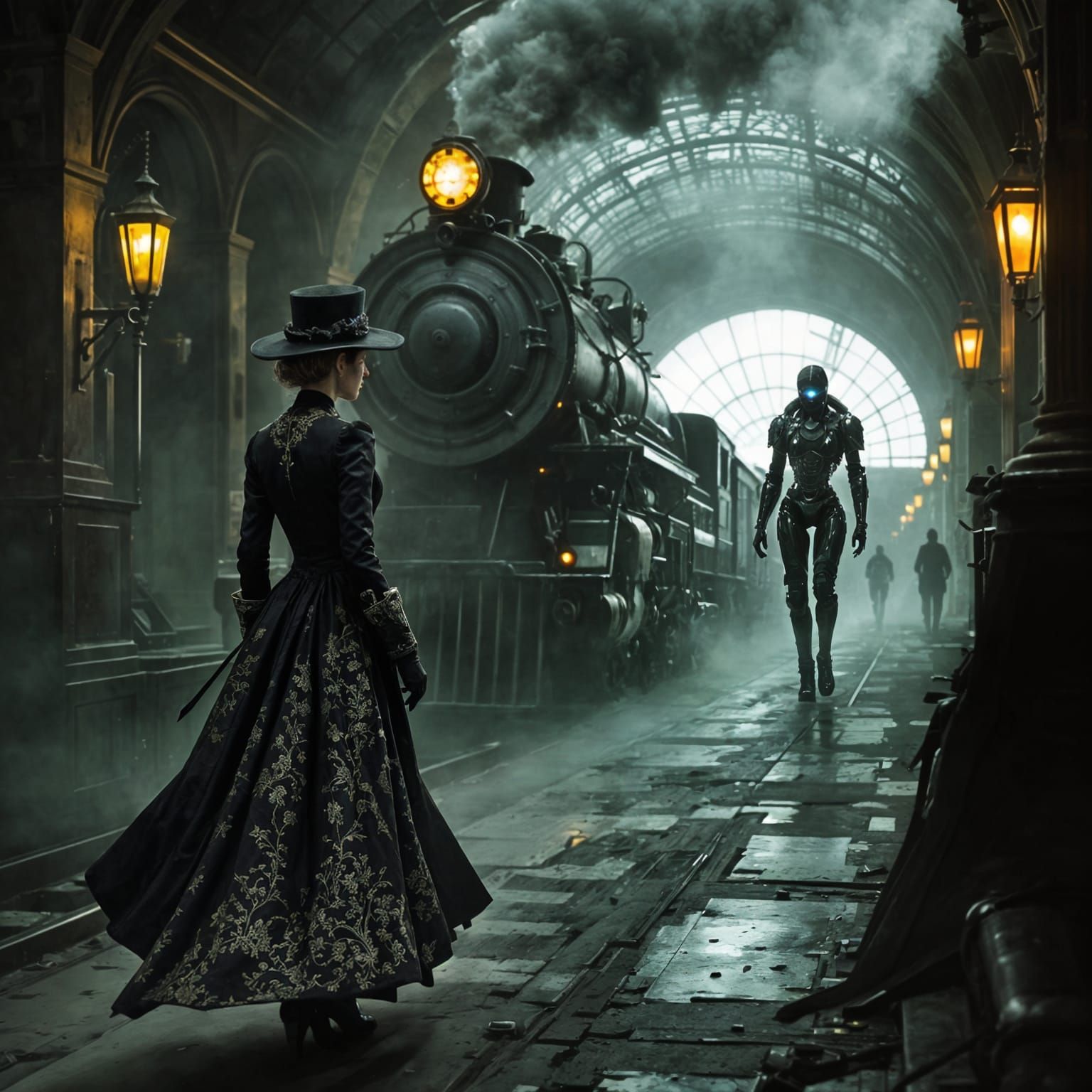 Elegant Victorian Lady Strolls Beside a Train with a Futuris...