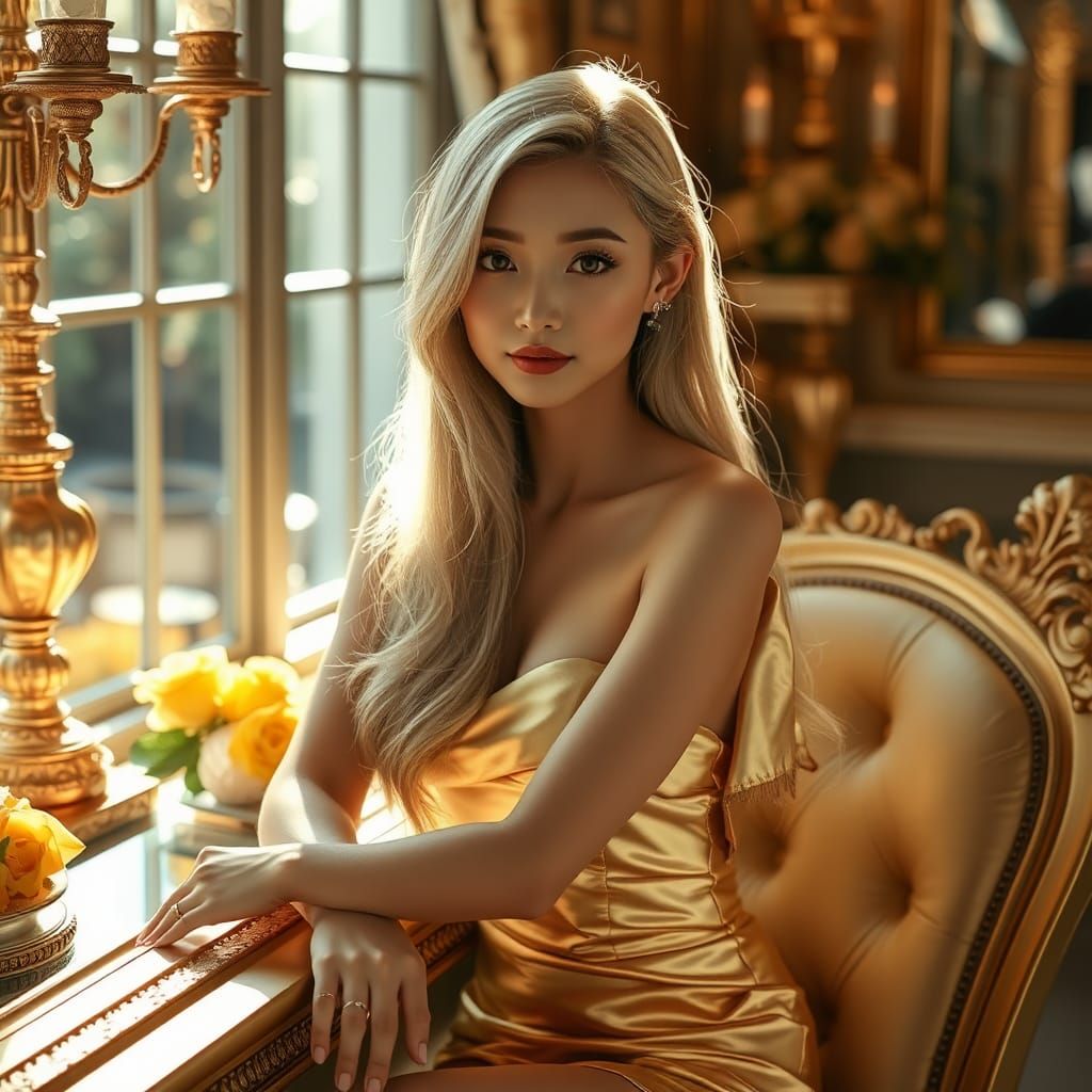 Japanese Woman in Gold Dress with Blonde Hair