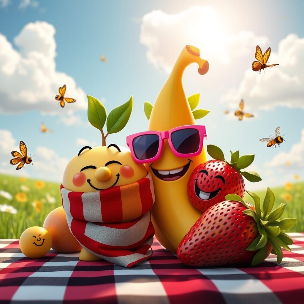 Vibrant Cartoon Fruits at Whimsical Picnic in Sunny Landscap...
