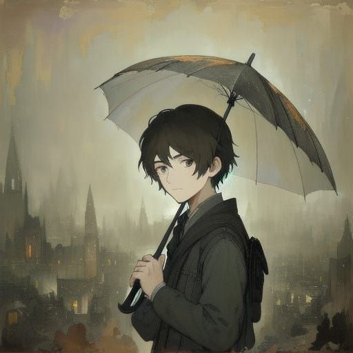 Young Boy Under Romantic Era Papier-Mâché Umbrella