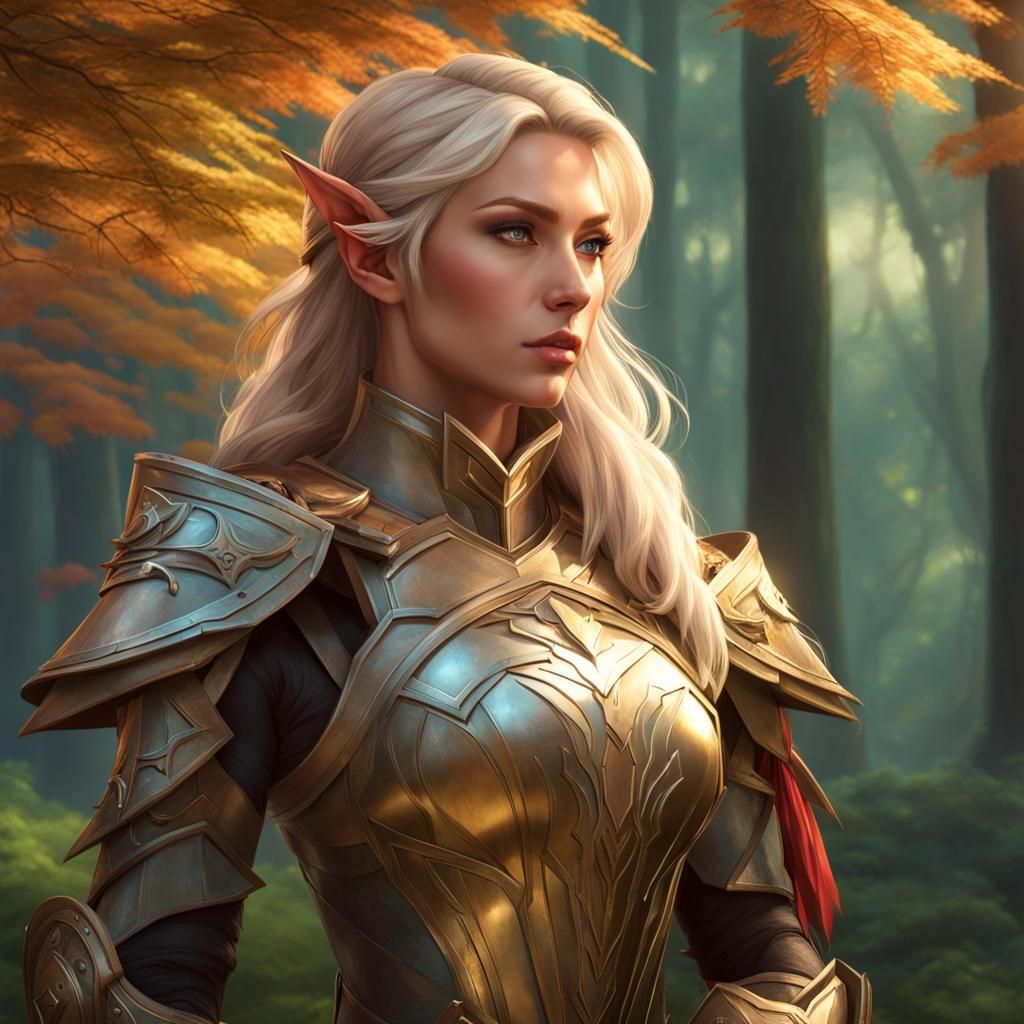 Armored Elf Woman Portrait in Forest, Fantasy Art