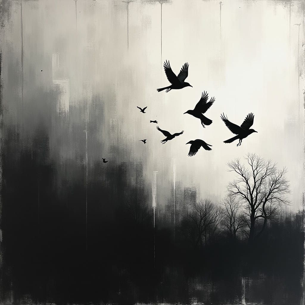 Silhouetted Crows Against Stark Black-and-White Abstract Sky