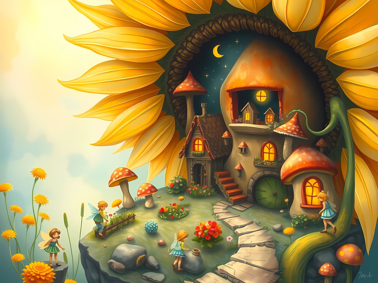 Whimsical Fairy Village in Giant Sunflower, Watercolor Style