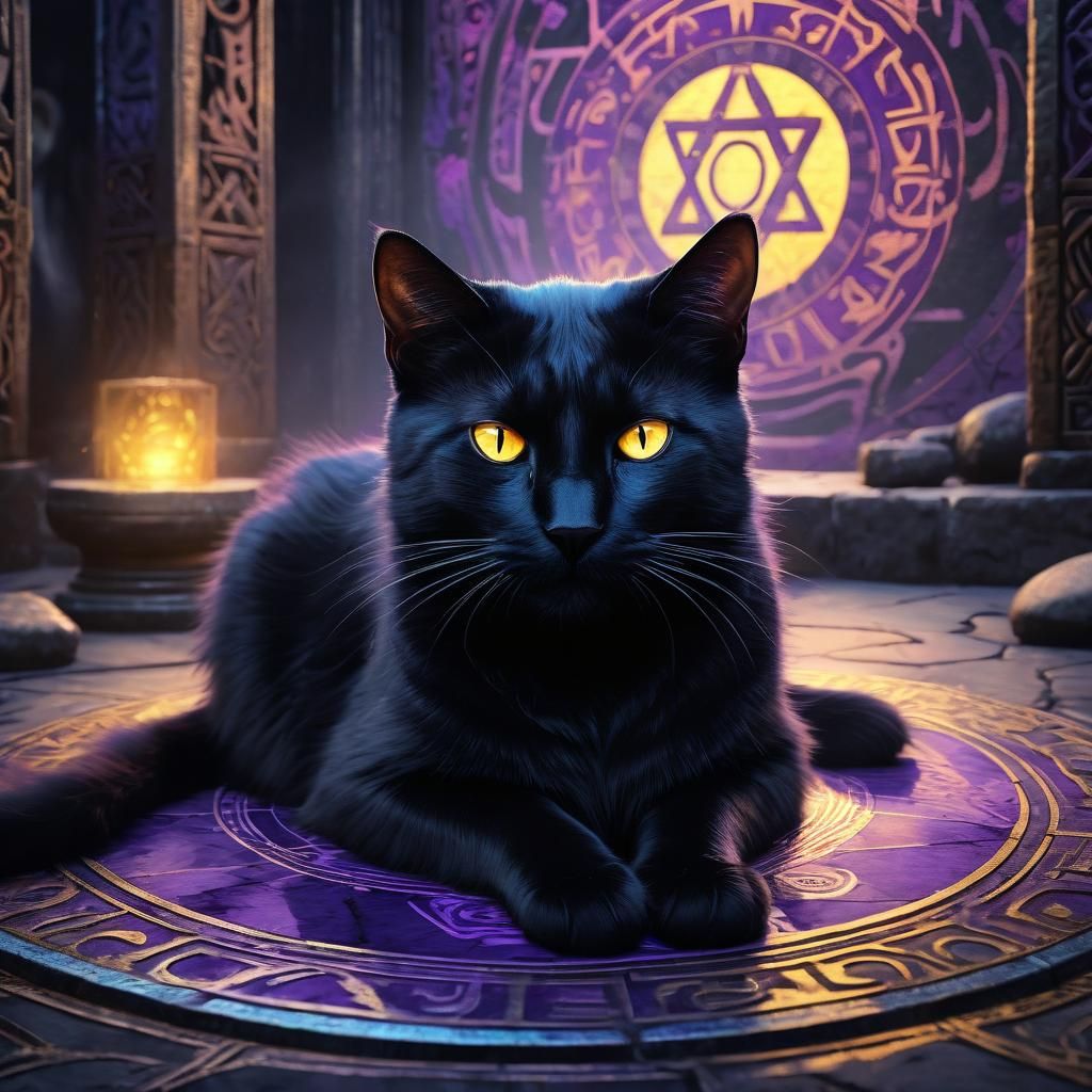 Surreal Dark Fantasy Scene with Glowing Black Cat and Ancien...