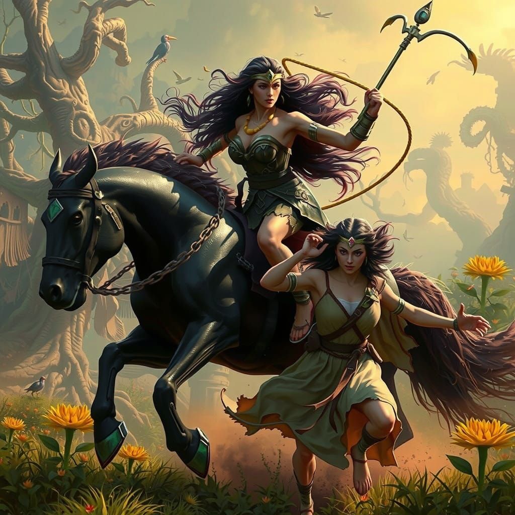 Mystical Jungle Warrior Pursues Fleeing Maiden