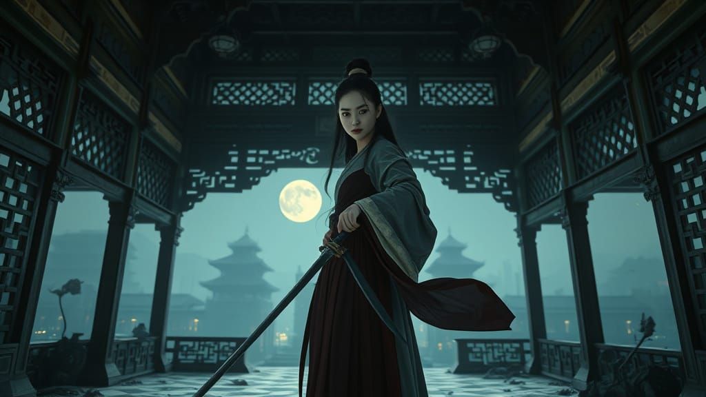 Stealthy Warrior Woman in Ancient Palace Courtyard