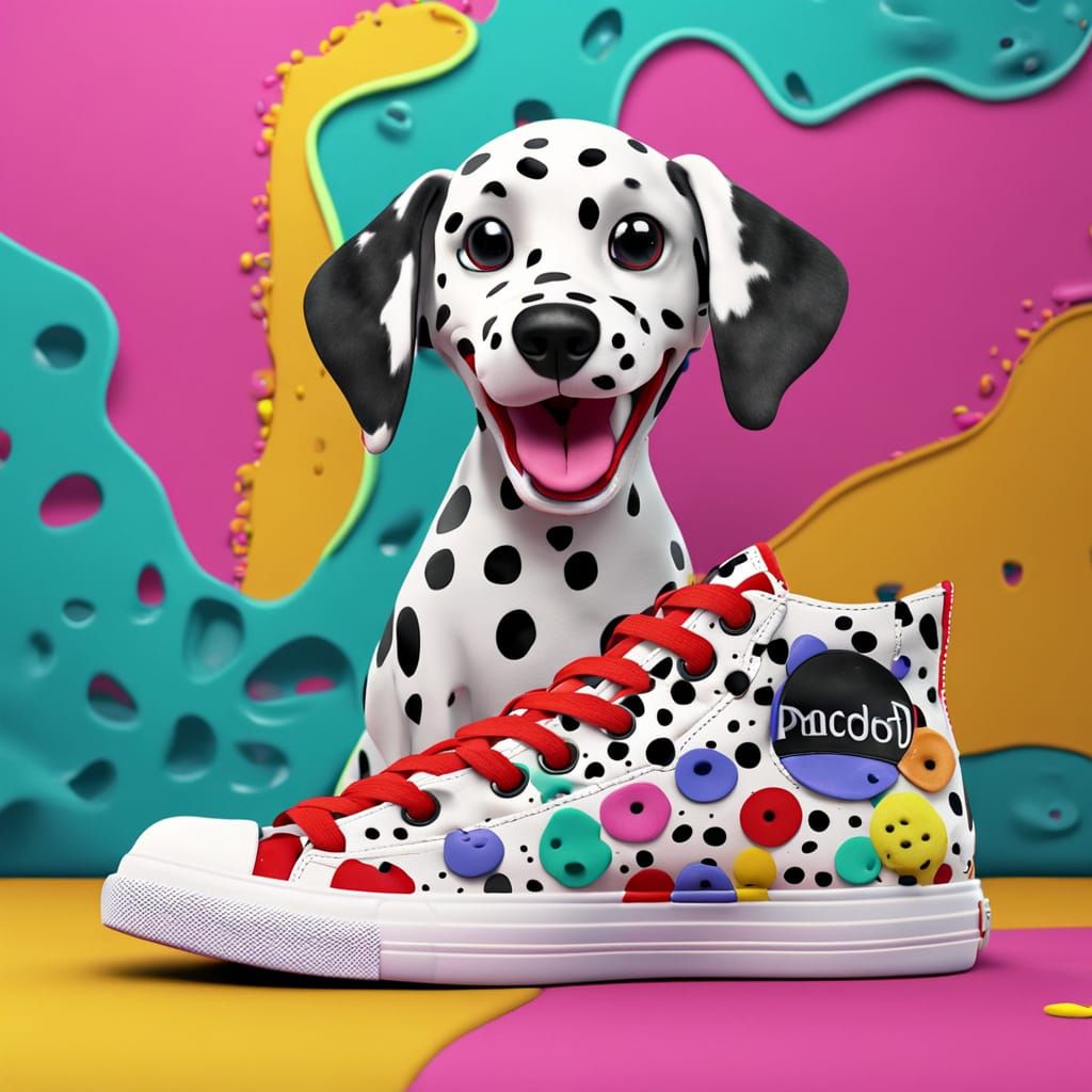 Playful Dalmatian Chewing Sneaker in Pixar Style