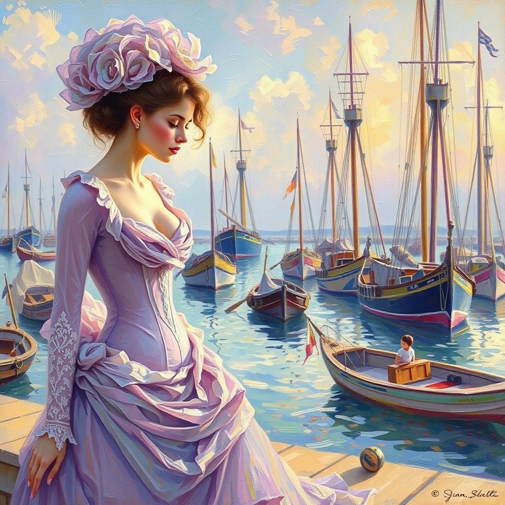 Impressionist painting, stunning woman, pastel purple costum...