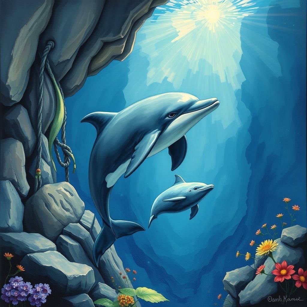 Diver, Dolphin, and Whale in Coral Reef Art