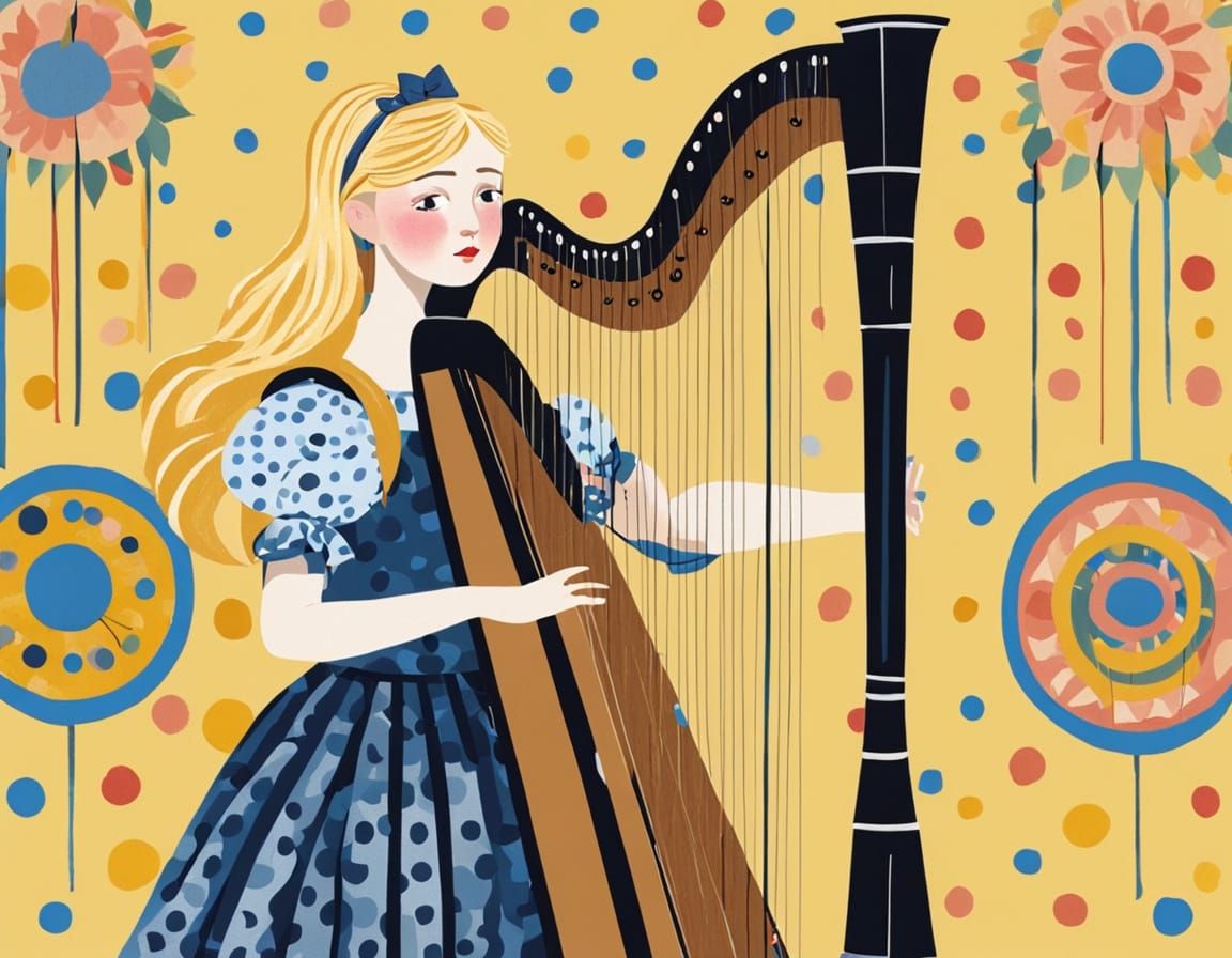 Girl Plays Harp in Vintage Folk Art Style