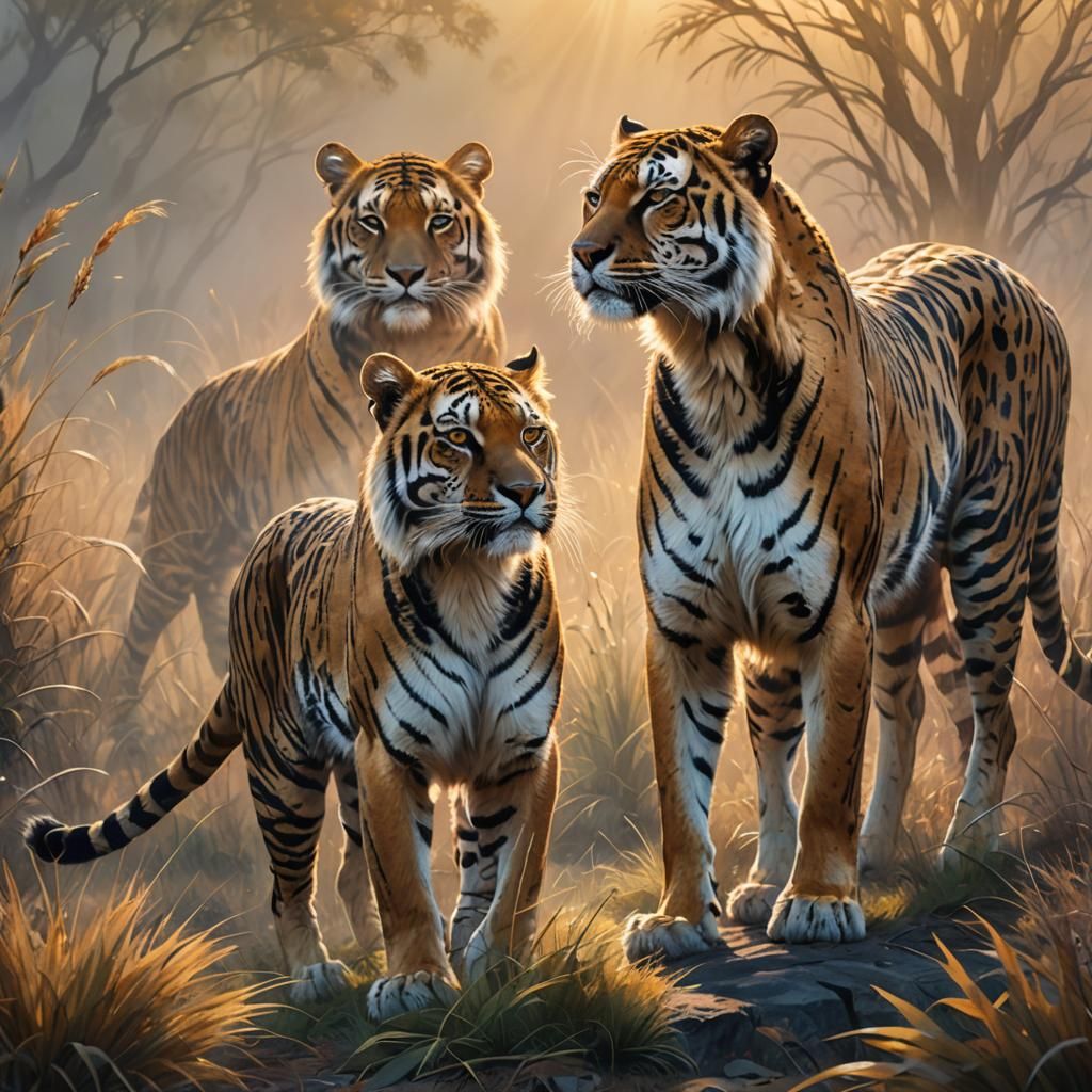 Tiger and Cheetah in Misty Savannah Oil Painting