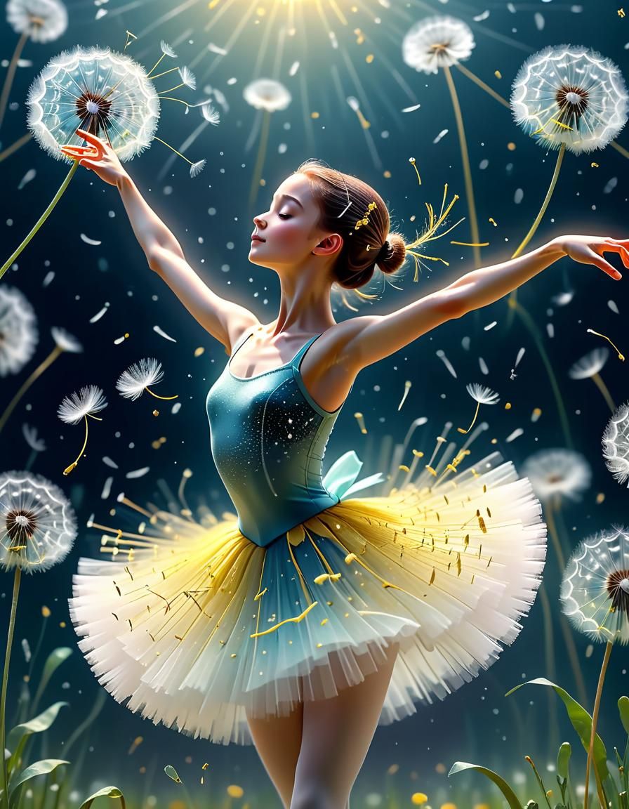 Ballerina's Dance in Dandelion Mist: Vibrant 3D Digital Art
