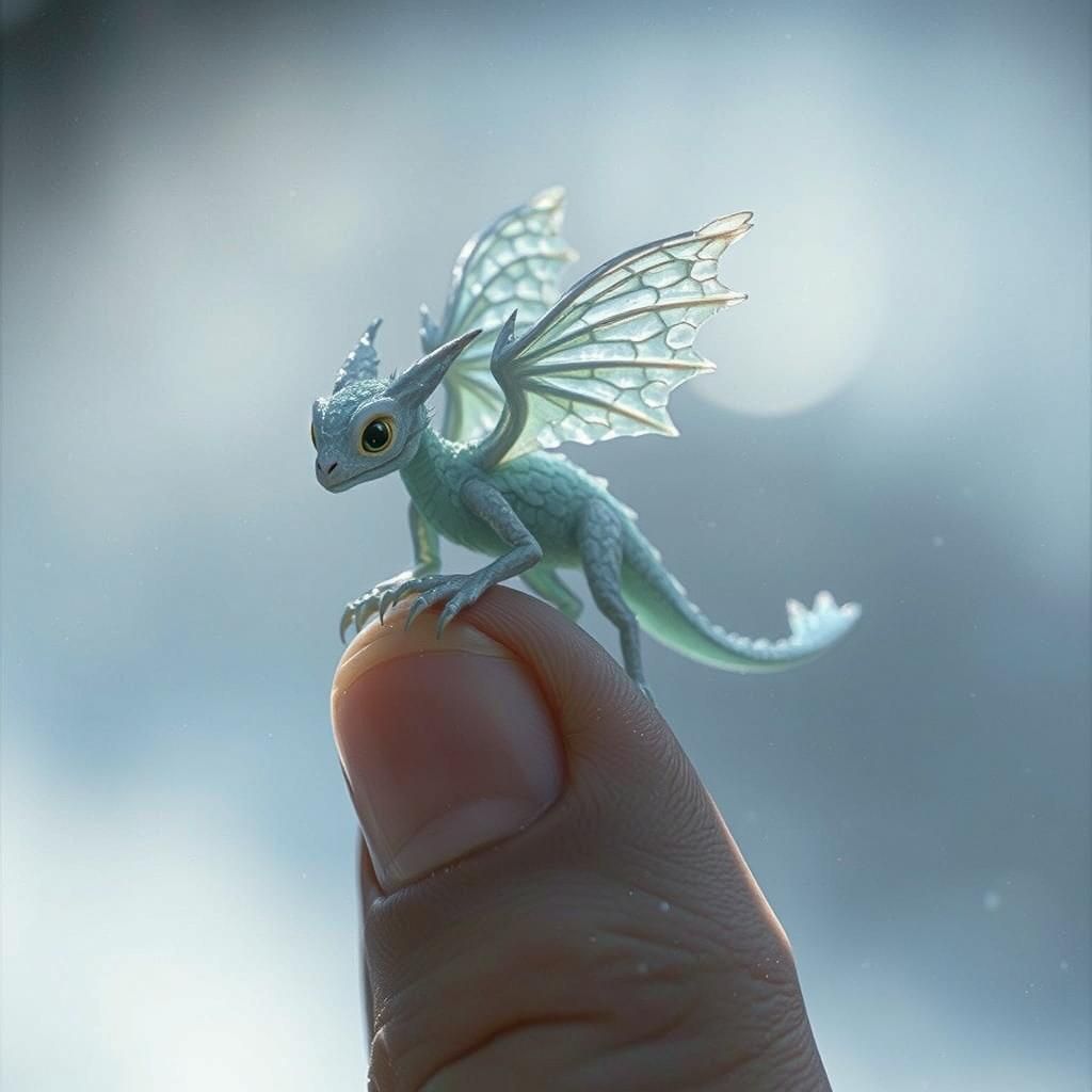 Miniature Ice Dragon on Finger in Cinematic Style