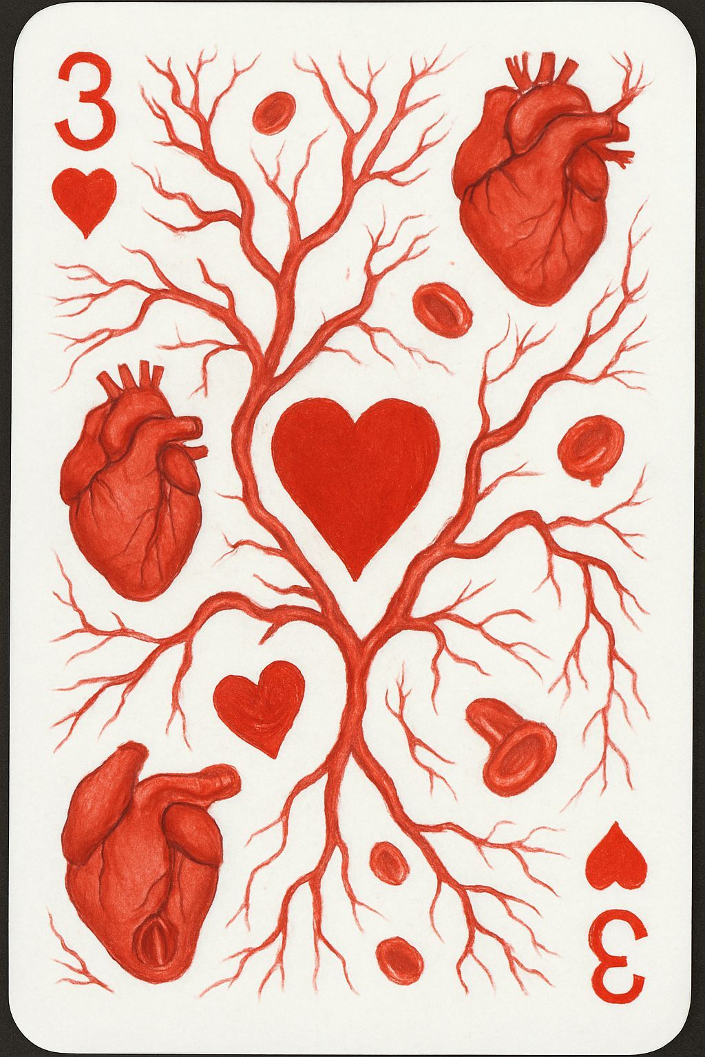 3 of Hearts with Veins and Blood Vessels
